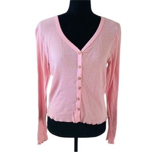 Poof Women’s Pink Button Front Long Sleeve V-Neck Top Large NWT